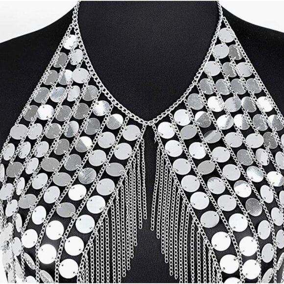 Silver Holographic AB Sequin Chain Tassel Body Jewelry Rave Halter Crop Top - Picture 5 of 8